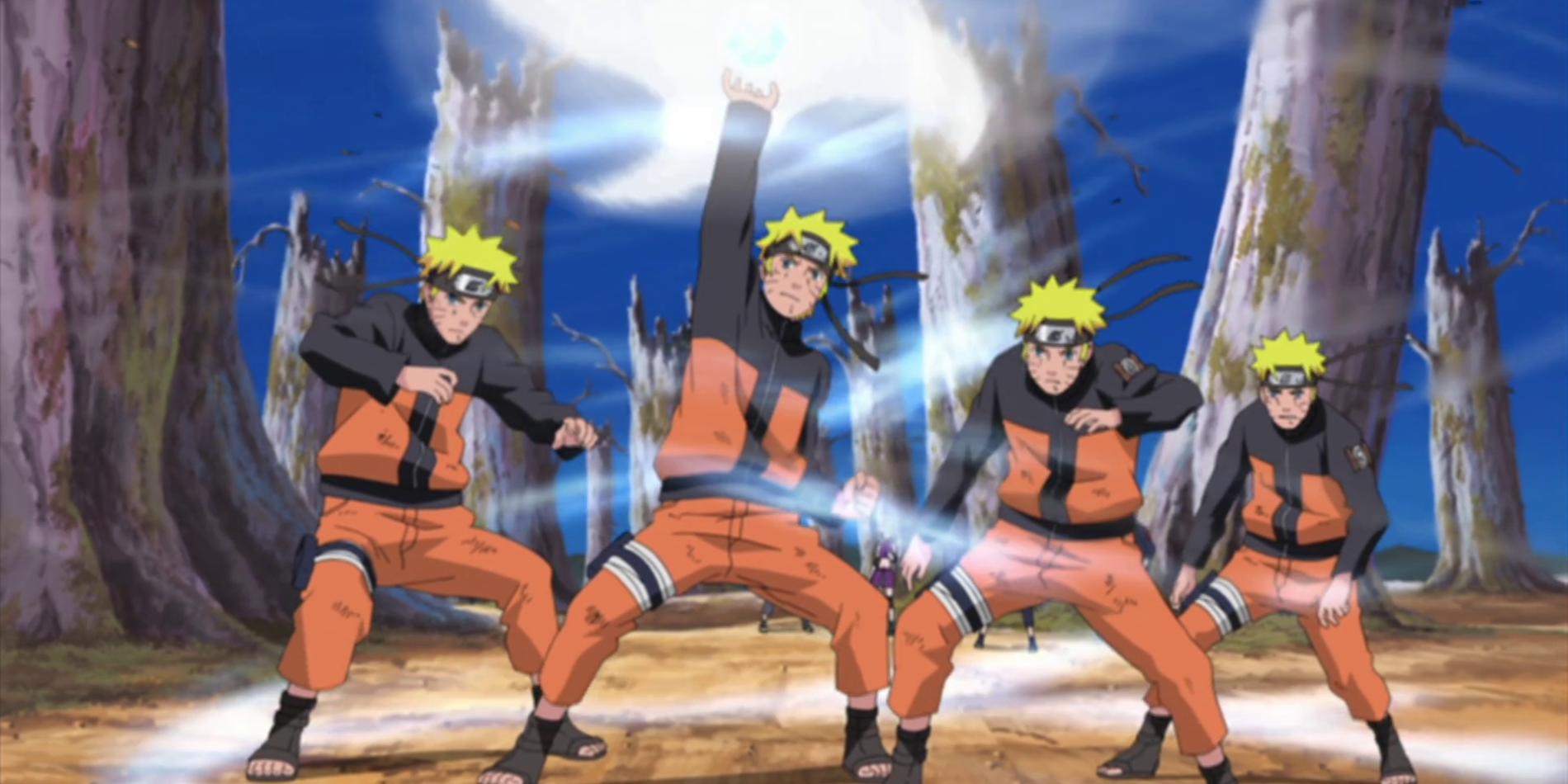 Naruto Uzumaki de Naruto Shippūden, avec ses clones d'ombre sur le point d'effectuer le Rasenshuriken