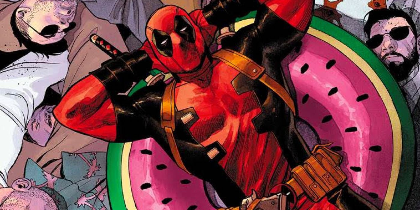 Deadpool se reposant dans une demi-pastèque, entouré de corps, dans Marvel Comics