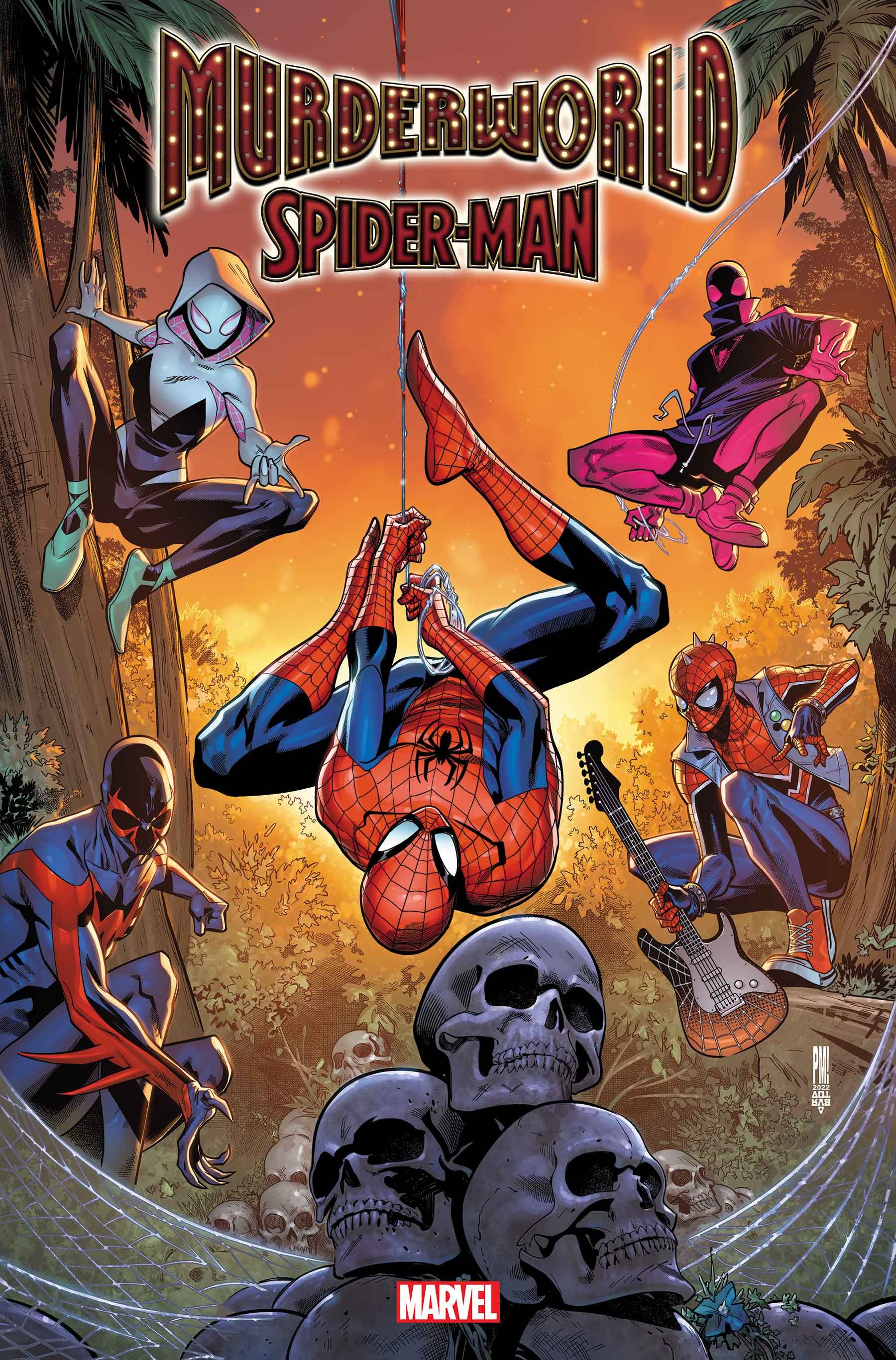 Spider-man est suspendu au-dessus d'un tas de crânes dans le monde du meurtre