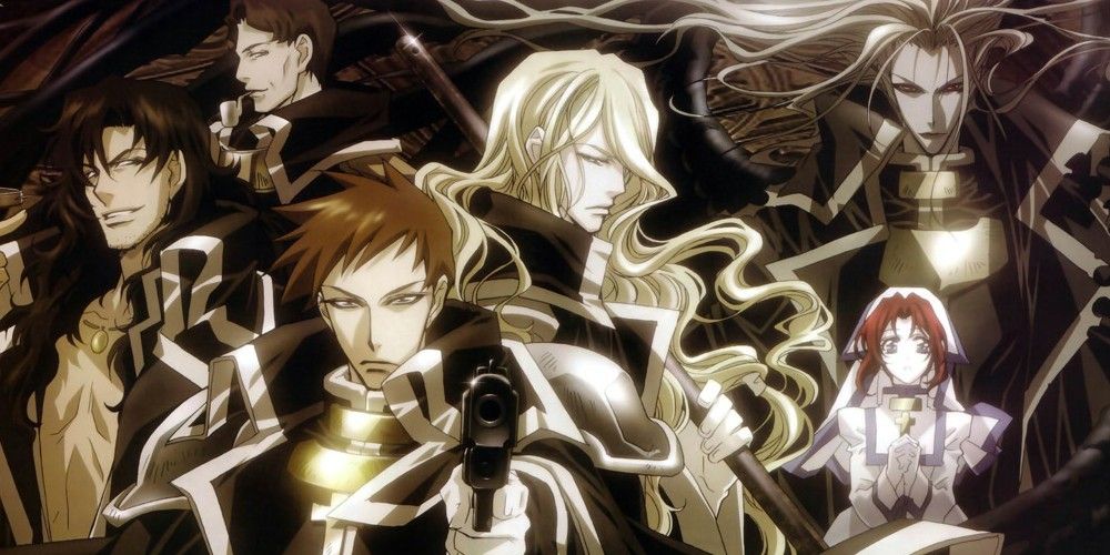 Personnages principaux et personnages secondaires de l'anime Trinity Blood posés sur un fond sombre
