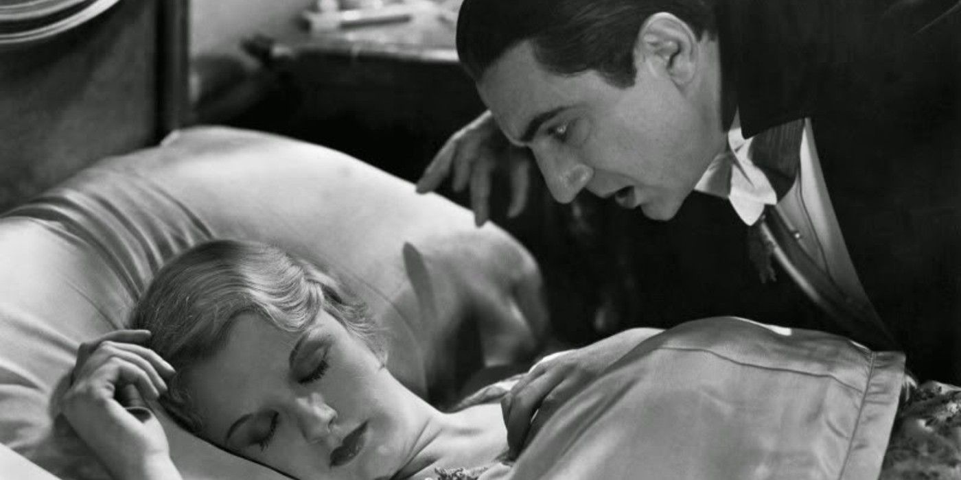 Dracula lorgnant sur une Lucy endormie 