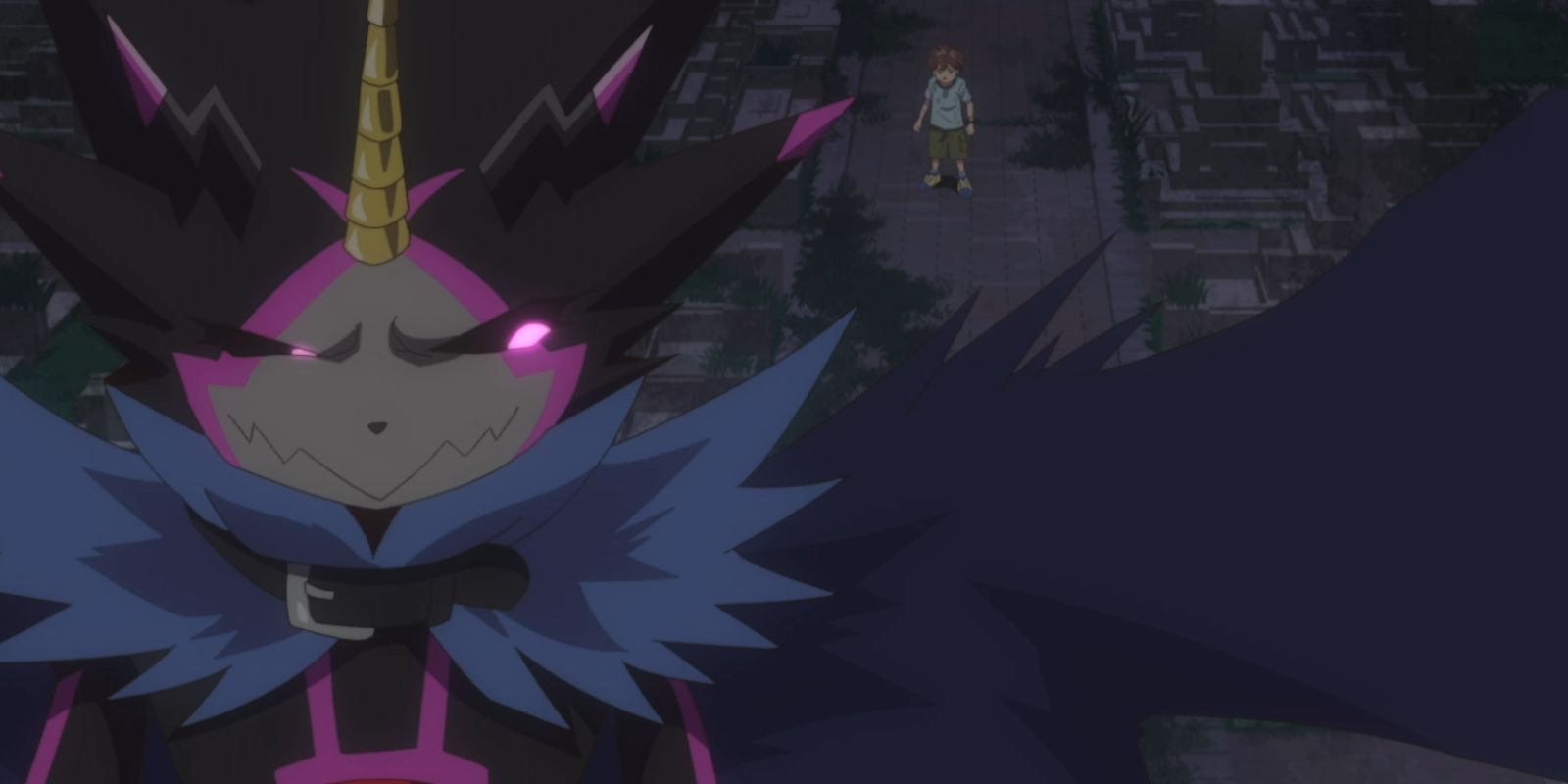 GulusGammamon dans les airs avec Hiro Amanokawa au sol derrière lui dans Digimon Ghost Game