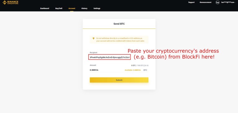 Envoyer de la crypto-monnaie à BlockFi