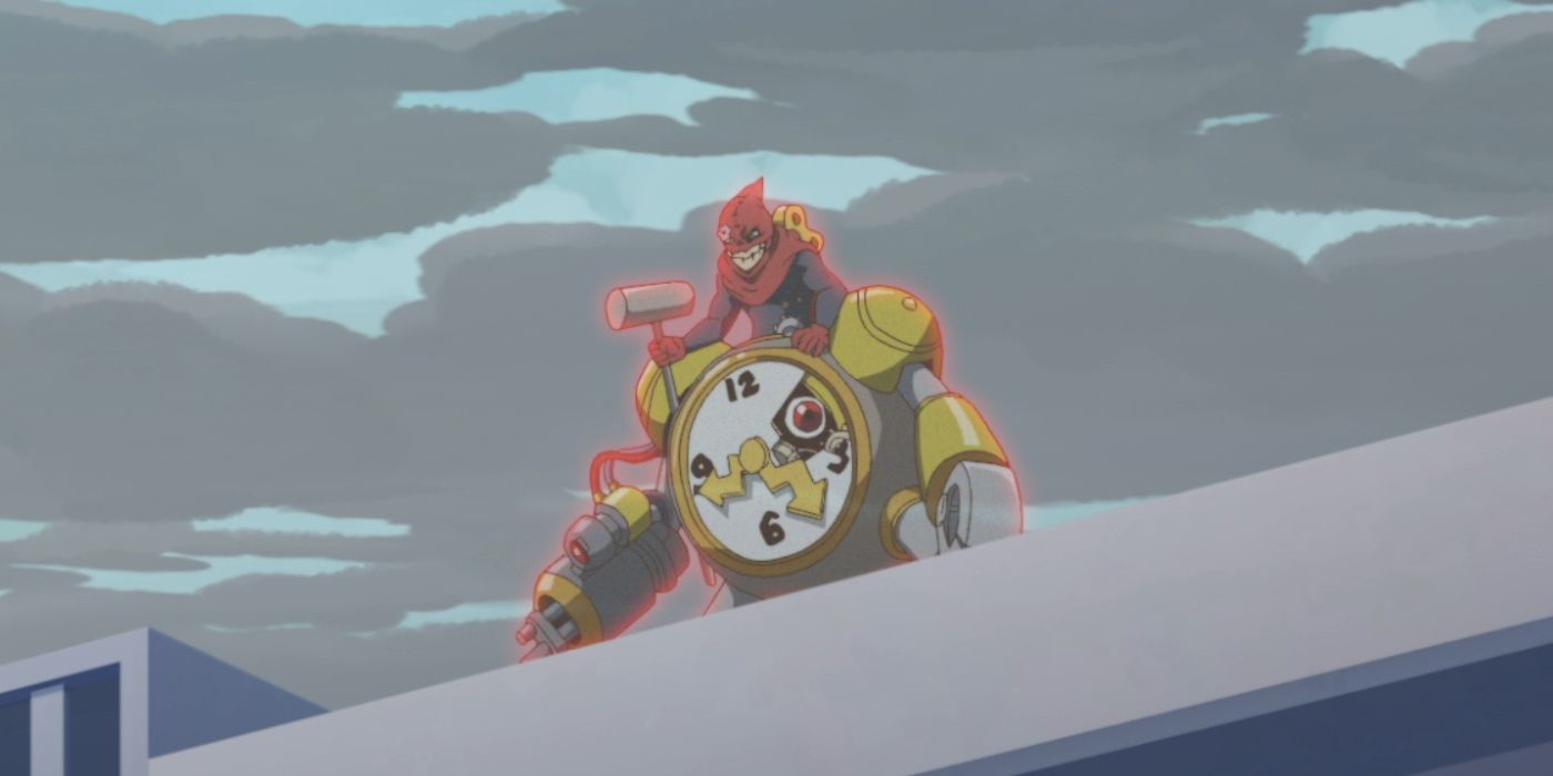 Clockmon se tient au sommet d'un bâtiment dans Digimon Ghost Game