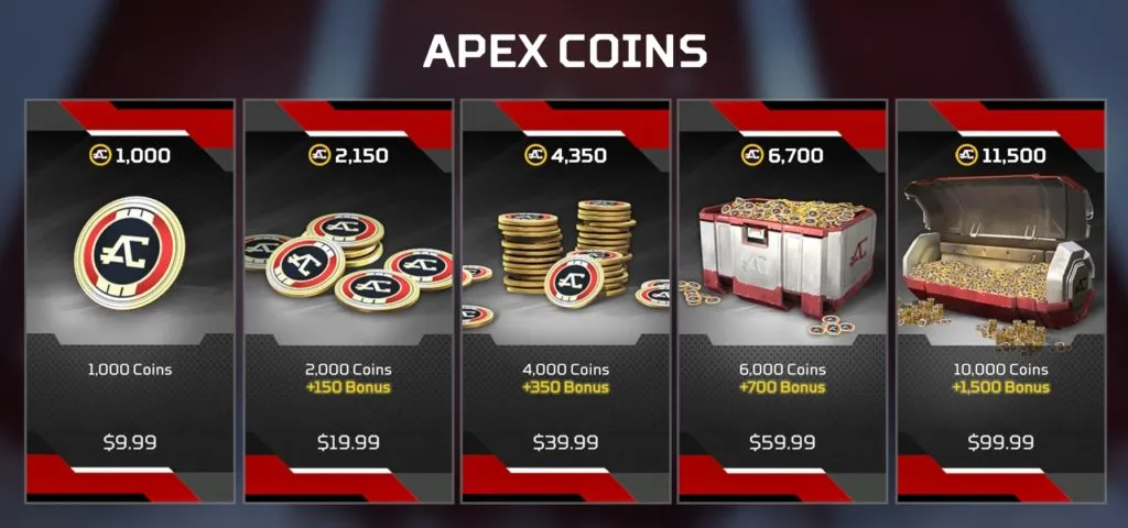 Un affichage de toutes les options d'achat disponibles pour les pièces Apex dans Apex Legends.