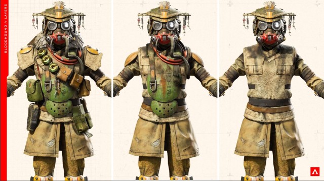 La tenue par défaut de Bloodhound, avec trois images différentes montrant les différences dans chaque couche de la tenue de Legend.