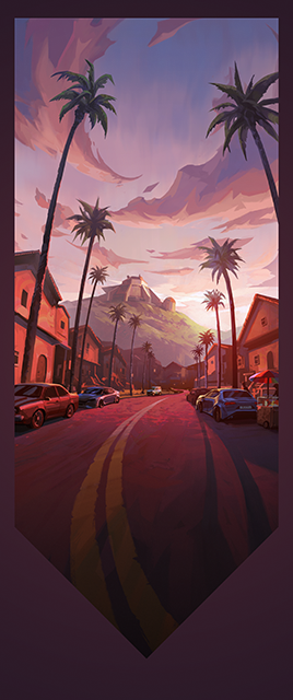 La carte de joueur Golden Hour dans VALORANT montre une rue avec des palmiers et des voitures bordant ses côtés.  Une montagne avec un bâtiment métallique se trouve à l'arrière-plan.