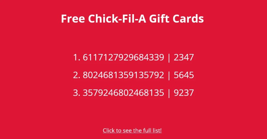 Cartes-cadeaux Chick-Fil-A gratuites