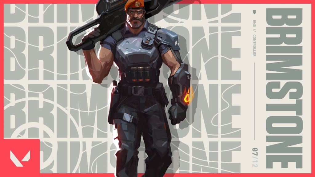 Le splash art pour Brimstone.  Il tient une arme à feu sur son épaule et a l'air très sérieux.