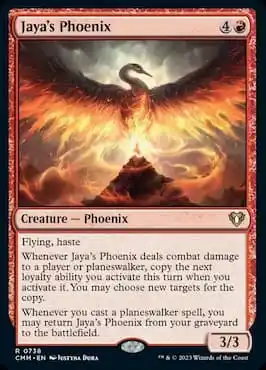 Image de Phoenix au sommet d'une montagne à travers la carte de deck Precon de Jaya's Phoenix Commander Masters Planeswalker Party