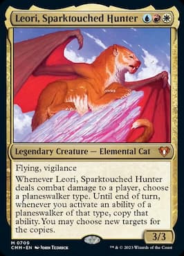 Image d'un chat élémentaire à travers Leori, Sparktouched Hunter CMM Planeswalker Party Precon card