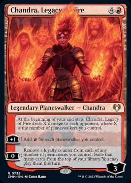 Image de Chandra entourée de planeswalkers en flammes à travers la carte Precon de Chandra Legacy of Fire CMM Planeswalker Party