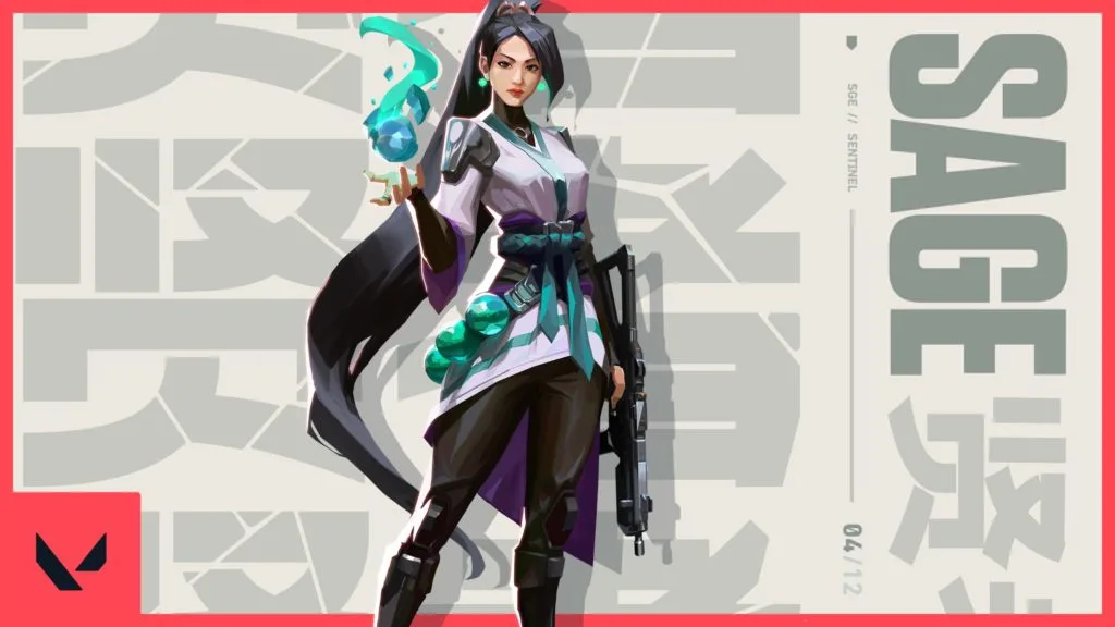 Le splash art pour Sage.  Elle tient un orbe bleu et vert dans une main et un pistolet dans l'autre.