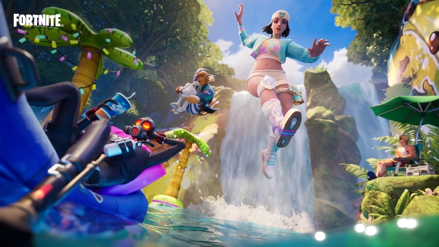 Des personnages fortnites sautant dans l'eau avec un autre se relaxant sur un lilo gonflable