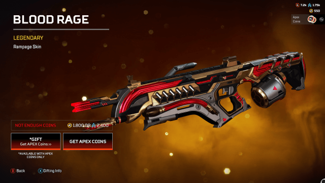 Le Blood Rage Rampage, une peau rouge, or, noire et argentée avec des éléments rouges brillants.