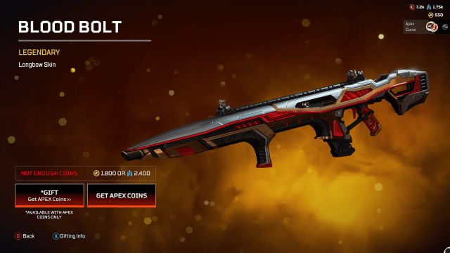 Le Blood Bolt Longbow, une élégante peau de tireur d'élite argentée et rouge.