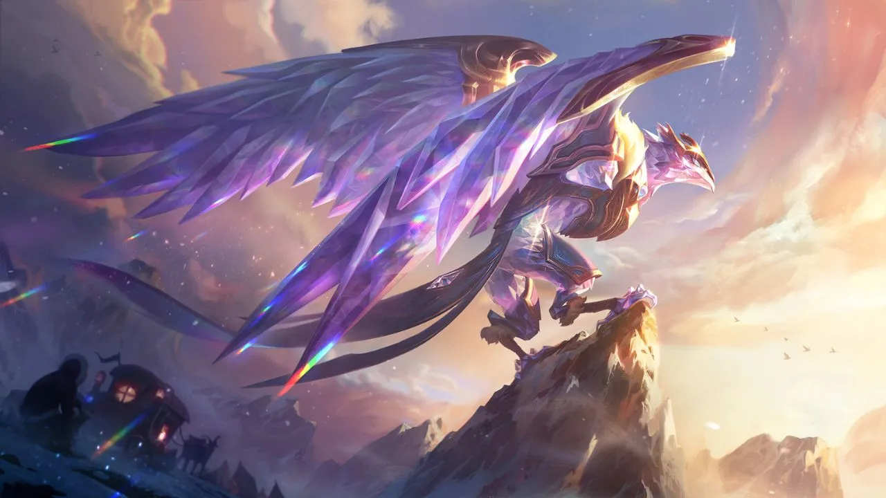 Un oiseau scintillant géant se tenant au sommet d'un rocher dans League of Legends