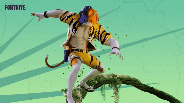 Fortnite Cosmetic sur un arbre portant une chemise, un pantalon et des tongs de tigre.