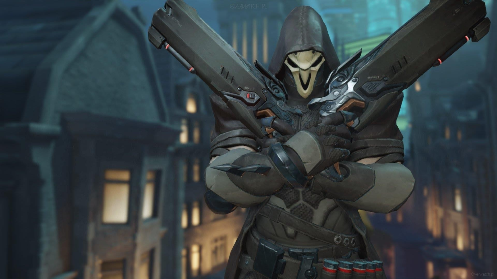 Le méchant d'Overwatch 2, Reaper, croise ses fusils de chasse tout en regardant la caméra d'un air menaçant derrière son masque. 