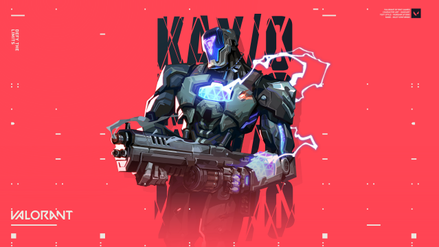KAY/O, l'un des initiateurs de VALORANT, tient une grosse arme tout en étant électrifié.