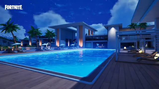 Fortnite's Relentless Retreat, avec une piscine extérieure, des palmiers et des chaises longues. 