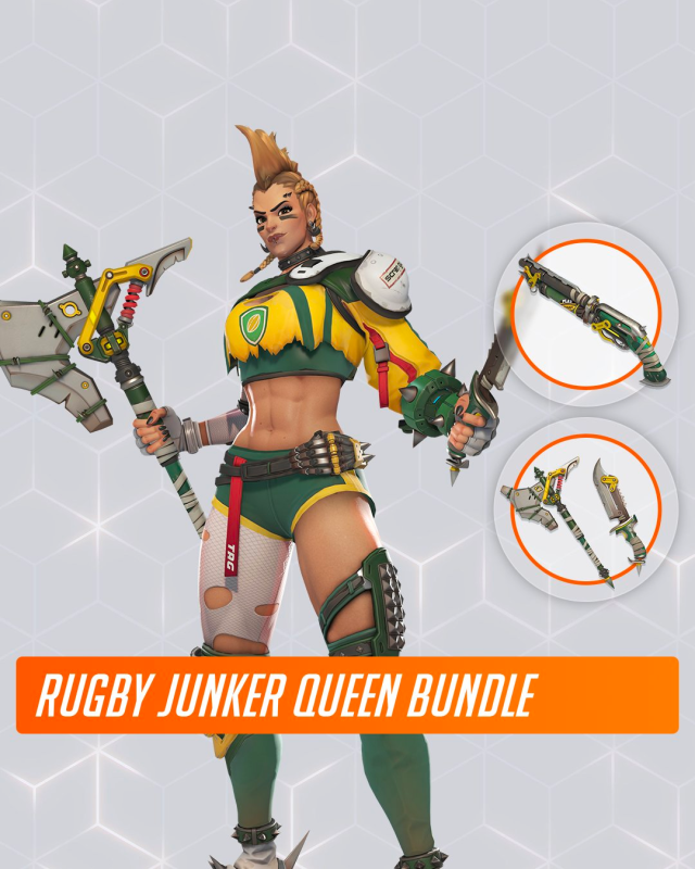 Nouveau skin Rugby Junker Queen Overwatch 2, portant une tenue jaune et verte. 