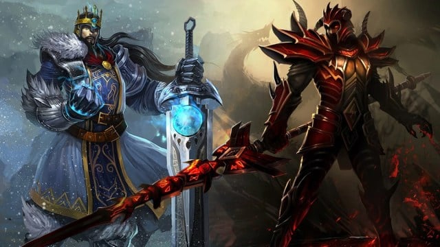 Tryndamere (à gauche), portant des vêtements d'hiver et tenant une épée géante en argent, se tient à côté de Jarvan IV (à droite), en armure rouge, brandissant une lance rouge tranchante dans League of Legends.