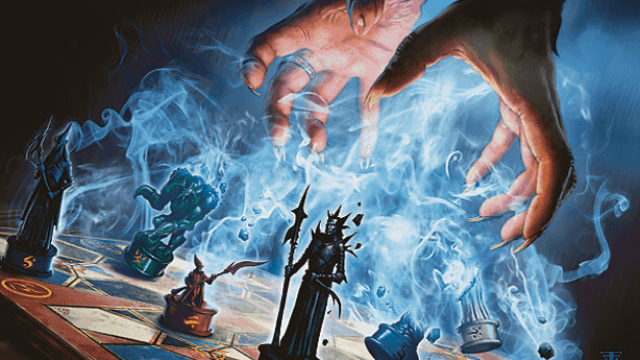 Une paire de mains humaines pâles se dirige vers un échiquier, utilisant la magie bleue pour les soulever dans MtG.
