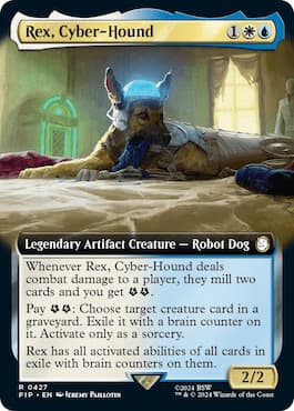 Image d'un chien avec un cerveau différent dans la tête à travers l'ensemble MTG Fallout Commander Rex, Cyber-Hound
