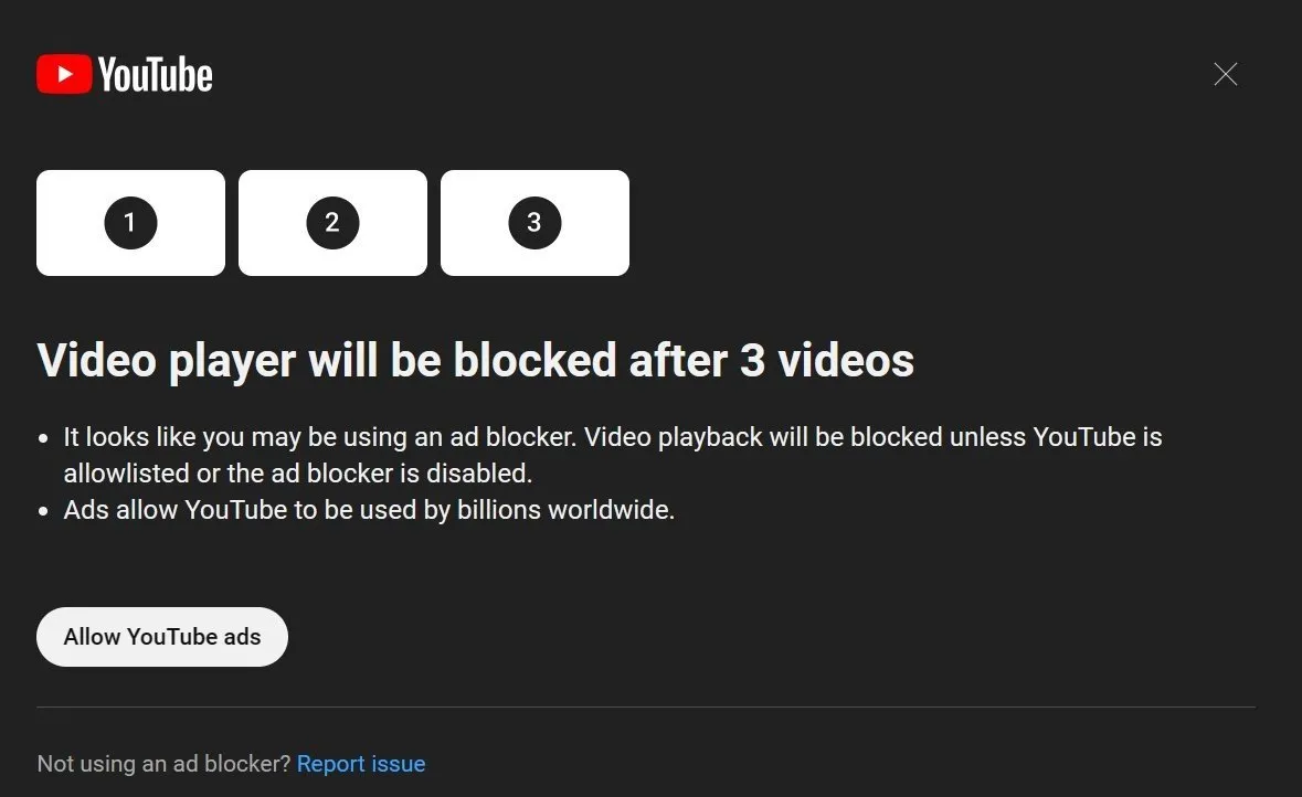 Le lecteur vidéo sera bloqué après 3 vidéos