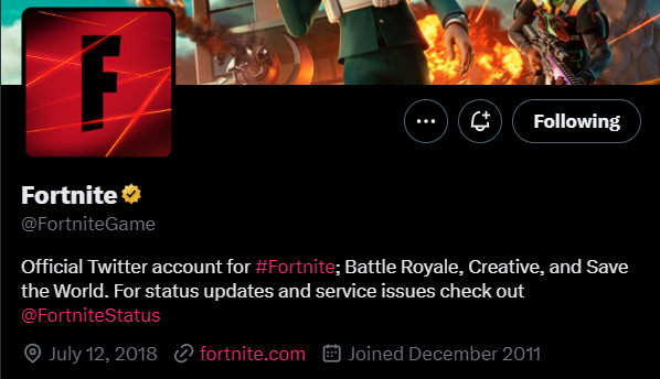 Une image du profil Twitter de Fortnite, avec son emplacement défini sur "12 juillet 2018."