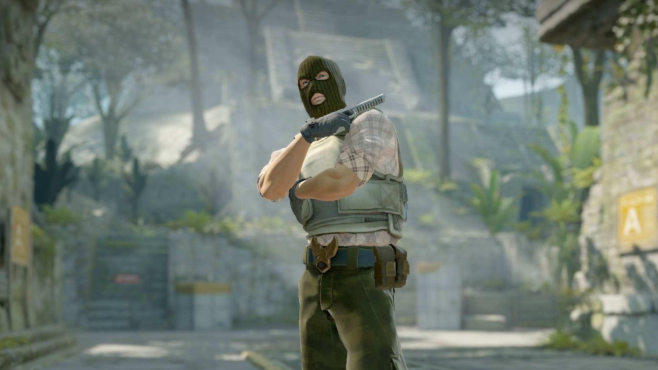 Capture d'écran prise d'un modèle terroriste et de l'arrière-plan antique dans CS2.