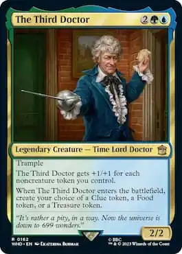 Image du Troisième Docteur tenant une épée et un déjeuner à travers l'ensemble Le Troisième Docteur MTG Doctor Who Commander Precon Blast From the Past