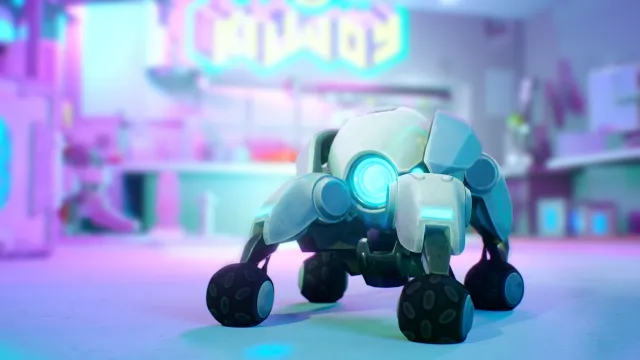 Un robot Killjoy bleu brillant avec de petites roues dans VALORANT.