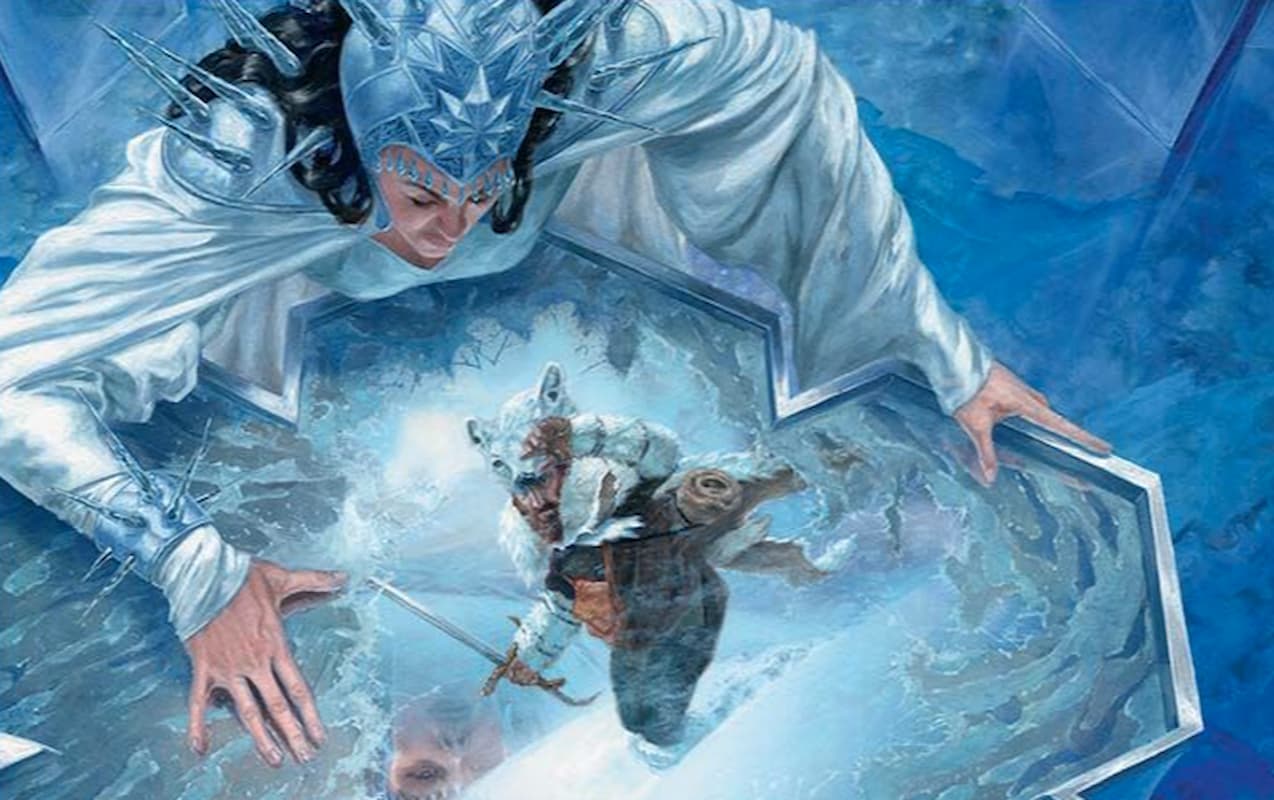 Image d'un sorcier scrutant un avenir glacial à travers le spoiler exclusif de MTG Farsight Ritual Wilds of Eldraine