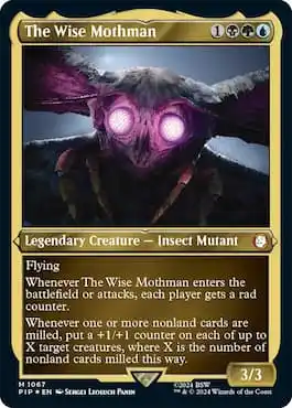 Image de Mothman avec des yeux d'insecte violets via MTG Fallout Commander The Wise Mothman