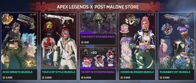 Une capture d'écran de la boutique en jeu Apex Legends montrant l'événement Post Malone et plusieurs packs de skins et d'autocollants.