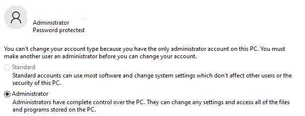 Une capture d'écran montrant les paramètres d'administrateur de Windows 10.