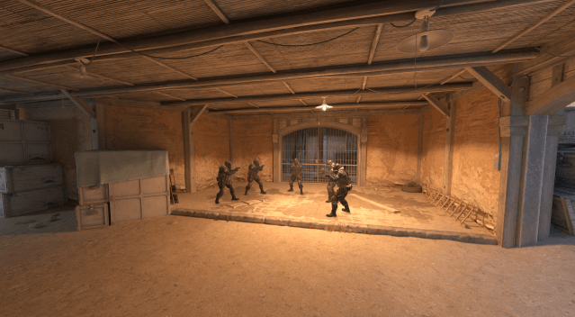 Capture d'écran prise de l'apparition CT de Dust 2 dans CS2, avec un total de 5 contre-terroristes tenant des pistolets.