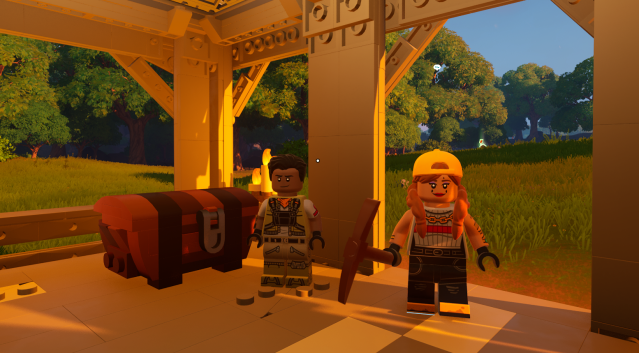 Le personnage du joueur et Aura dans LEGO Fortnite.