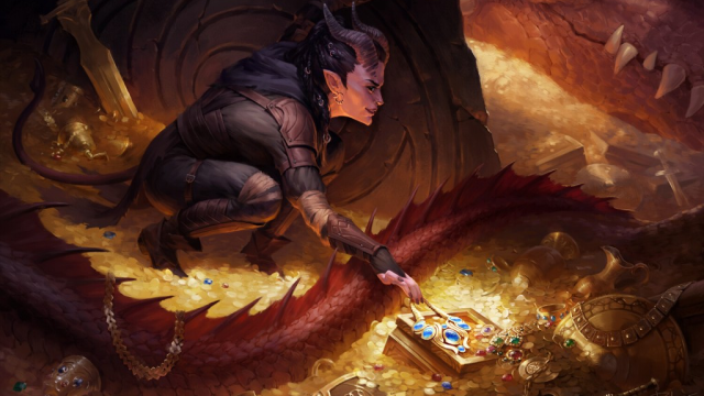 Une femme avec des cornes et une queue se dirige vers un tas de bijoux tandis qu'un dragon dort à proximité dans MtG.