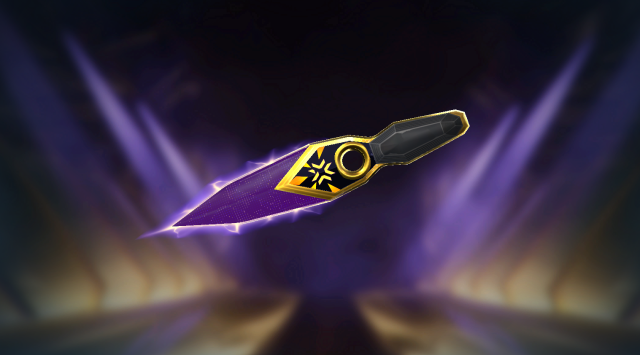 Couteau Champions VCT 2023 avec une lame violette et un manche doré.