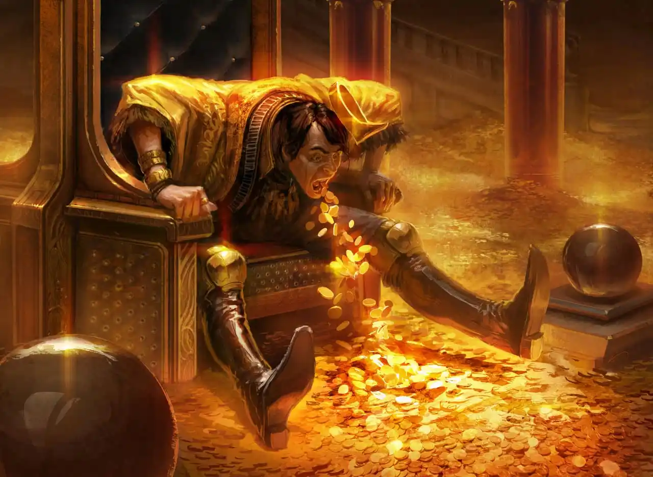 Un homme sur un trône crache des pièces d'or, entouré d'une pièce remplie des mêmes pièces.