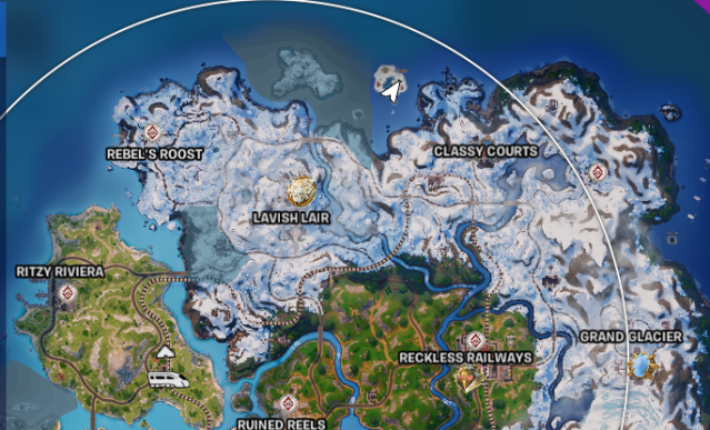 Une capture d'écran de la carte dans Fortnite montrant le Sgt.  Emplacement de l'hiver.