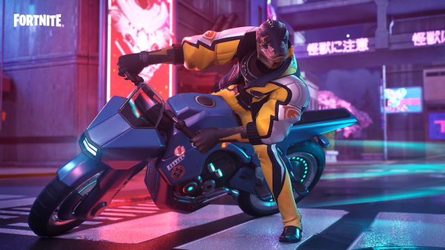 Un personnage Fortnite conduisant une moto.