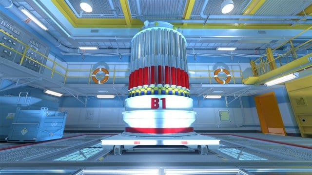 Un silo nucléaire sur un panneau de sol en verre avec une balustrade sur Nuke dans Counter-Strike 2.