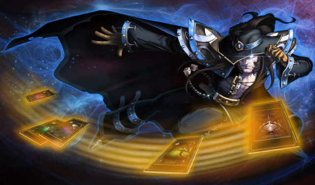 Twisted Fate de League of Legends, portant une cape et jetant des cartes sur un ennemi.