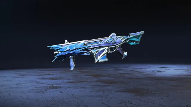 Une peau Volt bleu glacier avec des bords incurvés et irréguliers de haut en bas de l'arme.