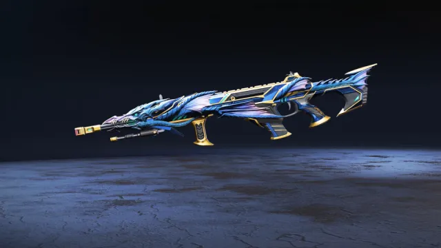 Peau Longbow DMR en bleu et or.  Un dragon s'enroule sur toute la longueur du fusil de sniper.