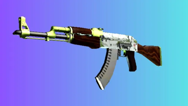 Un AK-47 avec un skin « Hydroponic », avec une palette de couleurs blanche et verte avec des accents de citron vert vif, sur un fond dégradé bleu et violet.